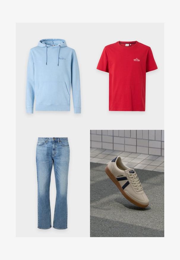 Lyseblå hoodie med en frontlomme, justerbare snore og diskret logodetalje. Fremstillet af blødt stof med en afslappet pasform.; Pepe Jeans THIAGO TEE - T-shirts print - rugby red; Lyseblå denim jeans med et lige ben-design, der har forsænket knaplukning, fem lommer og slidte områder for tekstur.; Beige sneaker med struktureret overflade, marineblå striber og gummisål. Har en polstret tunge og traditionelt snørresystem for en sikker pasform.