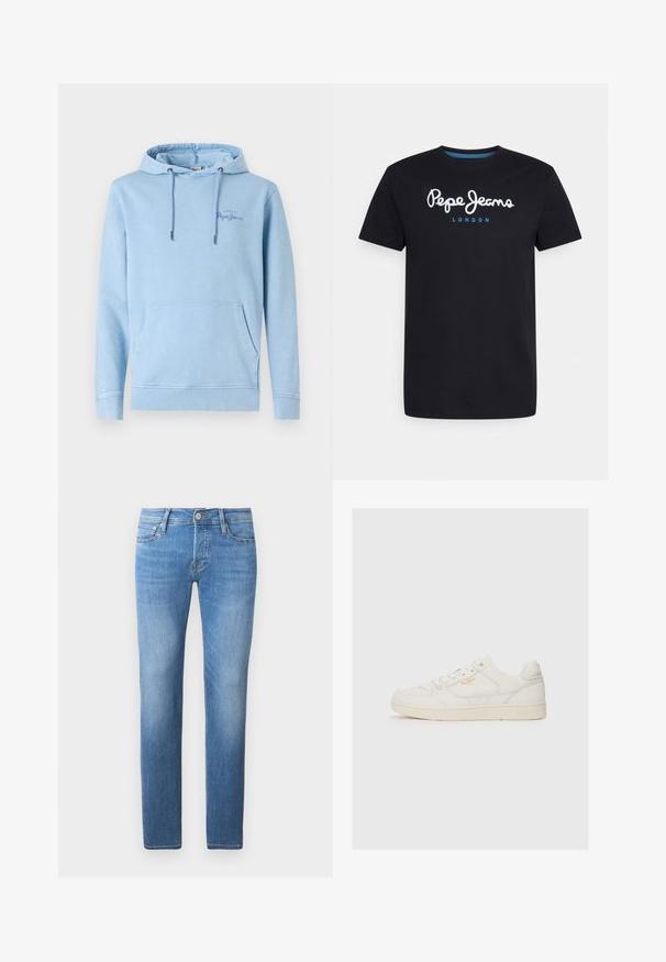 Lyseblå hoodie med en frontlomme, justerbare snore og diskret logodetalje. Fremstillet af blødt stof med en afslappet pasform.; Sort bomulds T-shirt med et hvidt skriftskriftlogo "Pepe Jeans" med en blå accent, rund hals og korte ærmer. Enkel, ensfarvet design.; Lyseblå denim jeans med straight-leg snit, der har knap- og lynlåslukning, fem lommer og subtil falming.; Hvide lædersneakers med en glat overflade, der har perforerede detaljer, snørebånd fortil og et diskret logo i guld nær siden.
