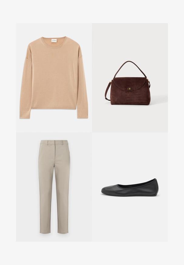Beige trui met lange mouwen en een ronde hals, relaxte pasvorm en geribbelde details bij de manchetten en onderrand. Zachte, gladde textuur met een minimalistisch ontwerp.; MM by MaxMara EFFETTO - Broek - sand; Zwarte leren ballerina met een ronde neus, gladde textuur, minimale stikdetails en een flexibele zoolontwerp.; Bruine suède handtas met een enkele bovenste handgreep, klepsluiting en goudkleurige draaivergrendeling op een effen lichte achtergrond.