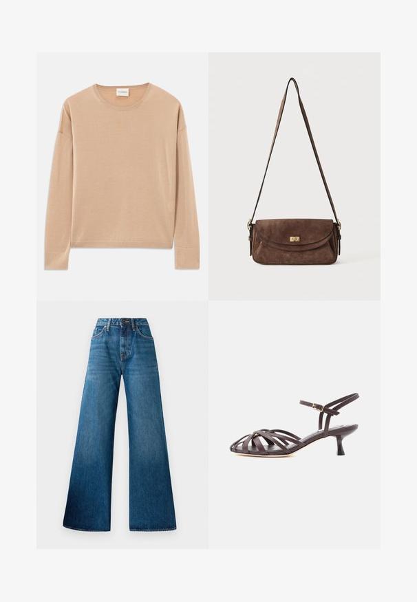 Pull à manches longues beige avec un col rond, coupe décontractée et finitions côtelées aux poignets et à l'ourlet. Texture douce et lisse avec un design minimal.; Jeans large en denim bleu avec taille haute, léger délavage, design classique à cinq poches et fermeture à bouton à l'avant.; Sandale à talon kitten en cuir marron foncé avec lanières et bride de cheville réglable à boucle sur fond blanc.; Sac bandoulière en daim marron avec une longue sangle réglable et une fermeture à tour dorée sur le rabat avant.