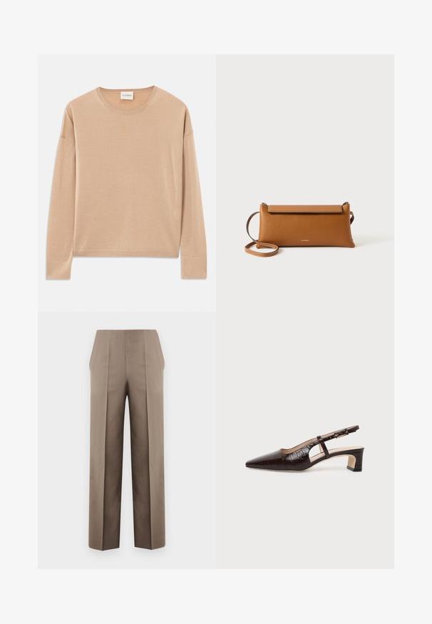 Jersey de manga larga color beige con cuello redondo, ajuste relajado y detalles de canalé en los puños y el dobladillo. Textura suave y lisa con un diseño minimalista.; Pantalones beis de talle alto con corte ajustado, que cuentan con dos pliegues frontales, diseño de pierna recta y líneas limpias y sin adornos.; Zapato slingback de cuero con textura de cocodrilo en marrón oscuro, puntera puntiaguda, tacón bajo de bloque y correa ajustable con hebilla dorada.; Bolso de mano de cuero marrón, forma rectangular, superficie texturizada, correa desmontable, cierre con cremallera, logo sutilmente grabado en el frente.