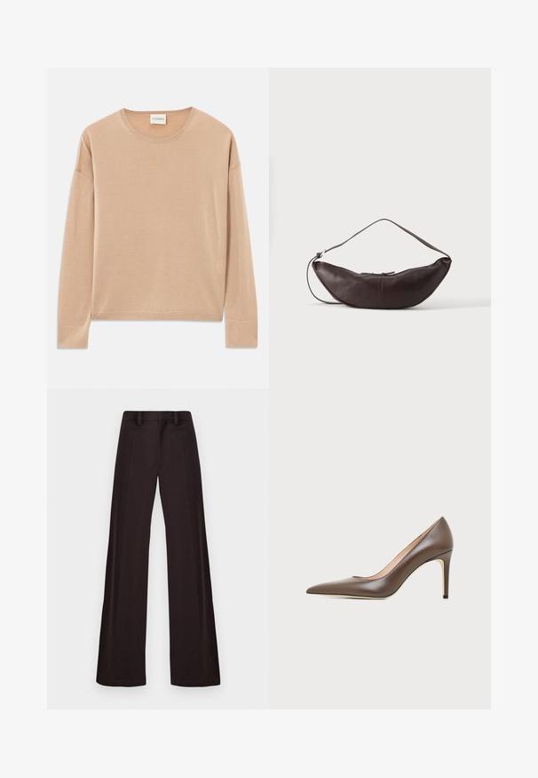 Beige Langarmpullover mit rundem Halsausschnitt, lockerer Passform und Rippdetails an den Bündchen und dem Saum. Weiche, glatte Textur mit minimalistischem Design.; Hose mit weitem Schnitt aus dunklem Stoff, mit glatter Textur, Gürtelschlaufen und einem Frontfalten, in einem klaren, ungeschmückten Design.; Brauner Leder-Pumps mit spitzer Spitze, schlankem Stiletto-Absatz und glatter Oberfläche auf hellem Hintergrund.; Dunkelbraune Leder-Schultertasche in Halbmondform mit gebogenem Riemen und sichtbarer Naht auf schlichtem Hintergrund.