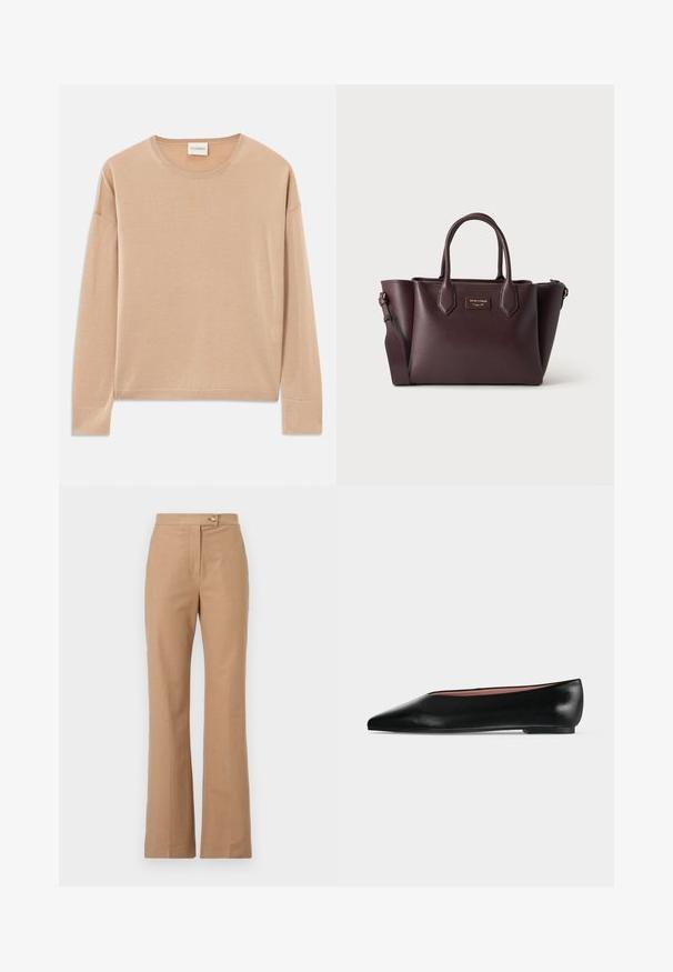 Beige Langarmpullover mit rundem Halsausschnitt, lockerer Passform und Rippdetails an den Bündchen und dem Saum. Weiche, glatte Textur mit minimalistischem Design.; Beige maßgeschneiderte Hosen mit hoher Taille und ausgestelltem Schnitt, aus glattem Stoff gefertigt, mit einem Frontknopfverschluss und zwei seitlichen Taschen.; Schwarzer flacher Damenleder-Schuh mit spitzer Kappe und niedrigem Absatz, von der Seite auf einfarbigem hellgrauem Hintergrund gezeigt.; Dunkelbraune Lederhandtasche mit zwei oberen Griffen, einem abnehmbaren Schulterriemen und einer kleinen rechteckigen goldenen Logoschild vorne.