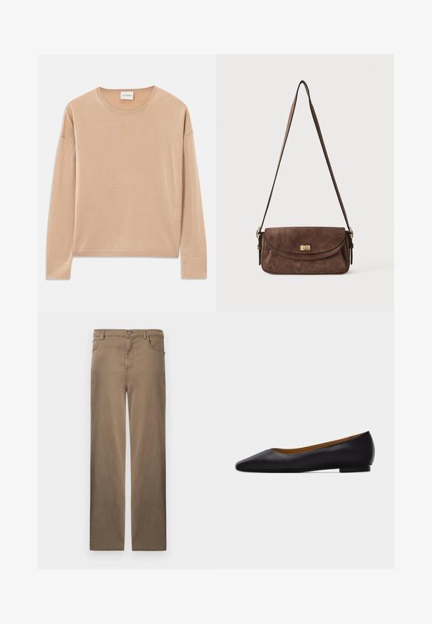 Beige trui met lange mouwen en een ronde hals, relaxte pasvorm en geribbelde details bij de manchetten en onderrand. Zachte, gladde textuur met een minimalistisch ontwerp.; Bruine broek met rechte pijpen, voorzijde met knopen en ritssluiting, en met voor- en achterzakken, weergegeven op een witte achtergrond.; Zwarte leren puntschoen met lage hak en gladde afwerking, zijaanzicht op een lichtgrijze achtergrond.; Bruine suède schoudertas met een lange verstelbare band en een gouden draaisluiting op de voorflap.