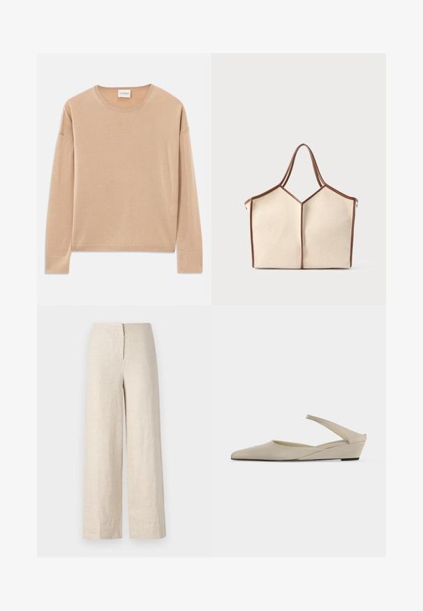 Pull à manches longues beige avec un col rond, coupe décontractée et finitions côtelées aux poignets et à l'ourlet. Texture douce et lisse avec un design minimal.; Pantalons en lin beige à jambes larges avec une taille haute et une fermeture éclair dissimulée à l'arrière. Tissu lisse et respirant.; Chaussure slingback beige à petit talon compensé, bout pointu et finition mate lisse, présentée de profil sur fond blanc.; Sac cabas beige avec garniture et poignées marron, présentant un design géométrique structuré et un tissu texturé.