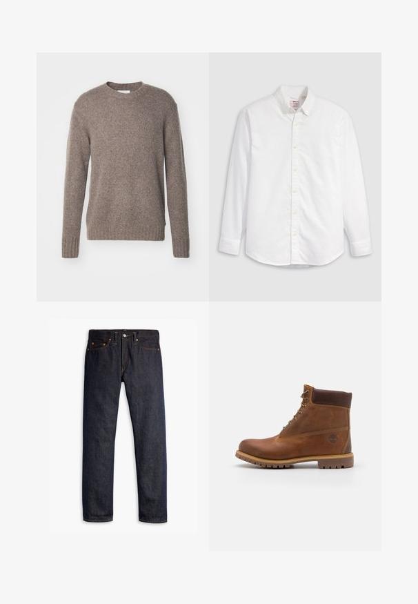 Brun, strikket sweater med rund hals, lange ærmer og ribbede manchetter og kant, som har en blød, tekstureret overflade.; Hvid skjorte med knapper, lavet af bomuld, med lange ærmer, krave og en buet kant. Har gule knapper og diskret branding.; Mørkeblå denimjeans med lige pasform, fem-lomme design, kobbernitter, gul syning og et markant struktureret stof.; Brun læder vandrestøvle med en glat finish, polstret ankel, metalliske snørehuller og en gummisål med et robust dækmønster.