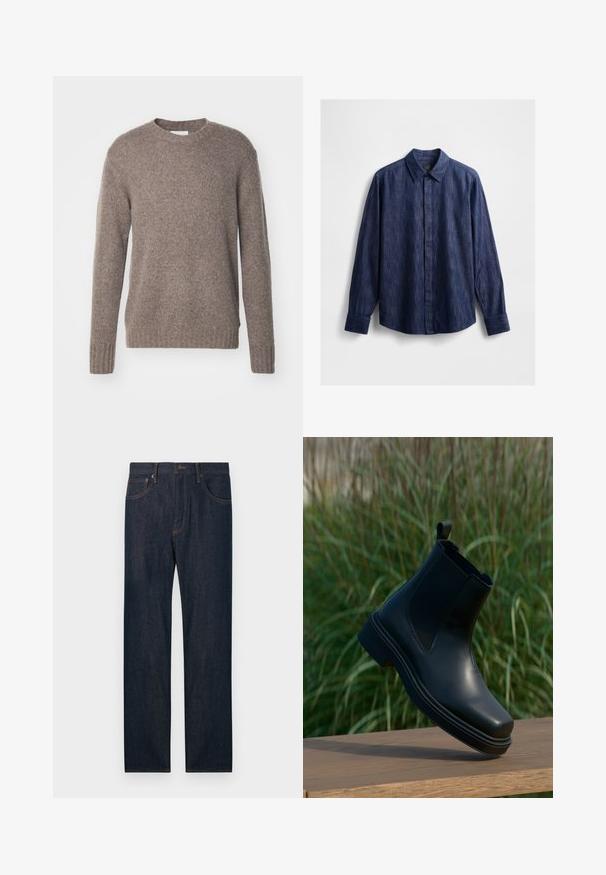 Brun, strikket sweater med rund hals, lange ærmer og ribbede manchetter og kant, som har en blød, tekstureret overflade.; Mørkeblå cowboyskjorte med klassisk krave, lange ærmer, knaplukning foran og stof med en let tekstur. Ingen synlige mønstre.; Mørkeblå denimjeans med lige ben, for- og baglommer, en knap og bæltestropper.; Sorte læder Chelsea støvler med elastiske sider, rund tå, lav hæl og en strop bagpå, mod en sløret grøn baggrund.