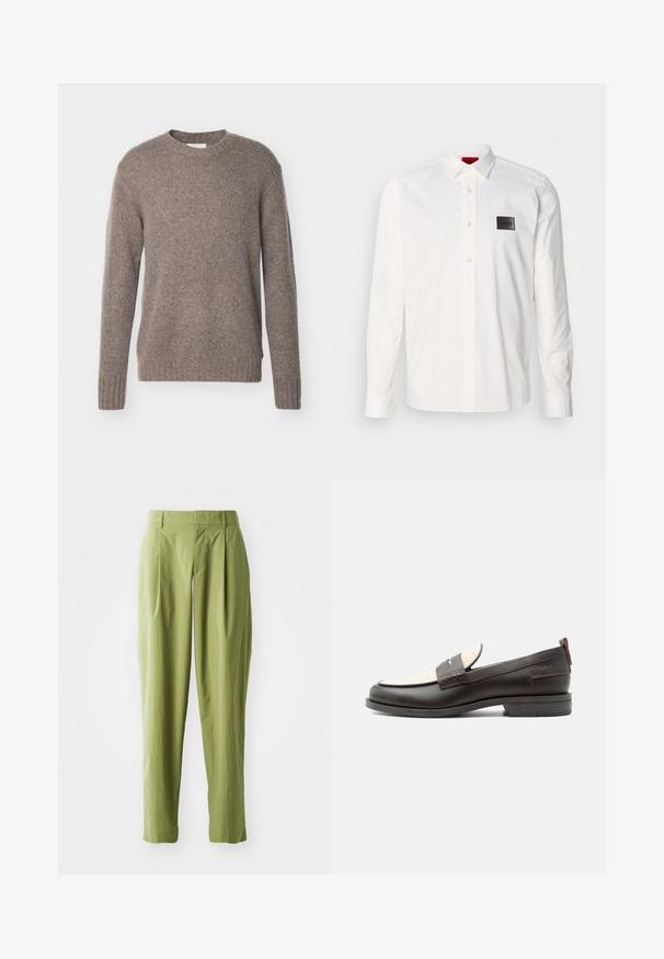 Brun, strikket sweater med rund hals, lange ærmer og ribbede manchetter og kant, som har en blød, tekstureret overflade.; Hvid langærmet skjorte lavet af bomuld, med en knappet krave, forstykke med knapper og en sort logo-patch på venstre bryst.; Lys grønne bukser lavet af et struktureret stof, med en lige form, folder foran og en standard talje.; Mørkebrune herresko i læder med cremefarvet stofpanel og klassisk syning på remmen, flad sål og trækskærm ved hælen.