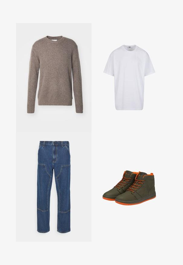 Brun, strikket sweater med rund hals, lange ærmer og ribbede manchetter og kant, som har en blød, tekstureret overflade.; Hvid, kortærmet bomulds-T-shirt med rund hals og synligt størrelses- og mærkelabel inde i kraven.; Blå denim jeans med lige ben, frontlappelommer og kontrasterende syninger. Stoffet har en klassisk tekstur og finish.; Ombre INSULATED FOSH - Snørestøvletter - green