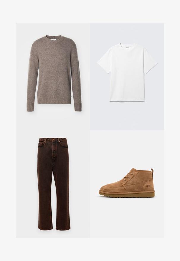 Suéter marrón de punto con cuello redondo, mangas largas y puños y dobladillo acanalados, que presenta un acabado suave y texturizado.; Camiseta blanca de manga corta con cuello redondo, colocada plana, diseño liso, con etiqueta "WEEKDAY" en el interior del cuello sobre un fondo claro.; Jeans de denim marrón con corte recto, diseño de cinco bolsillos y cierre clásico de botón. La tela tiene un acabado liso y texturizado.; Botín de ante marrón hasta el tobillo con diseño de cordones, puntera redonda y detalle del logo en el talón. Cuenta con una suela de goma texturizada para mayor agarre.