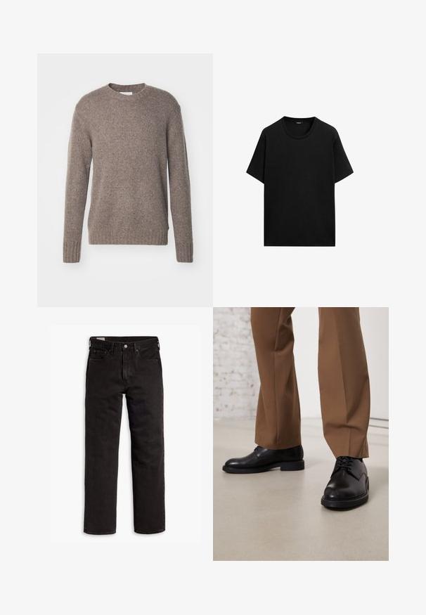Brun, strikket sweater med rund hals, lange ærmer og ribbede manchetter og kant, som har en blød, tekstureret overflade.; Sort kortærmet T-shirt lavet af bomuldsstof, med en rund halsudskæring og en afslappet pasform. Ingen mønstre eller accenter synlige.; Sorte lige bukser i denim med fem lommer, knaplukning og bæltestropper, lagt fladt ud på en hvid baggrund.; Sorte læder sko med glat overflade og rund tå, der har snørebåndslukning og en lav, flad sål. Sammen med brune bukser.