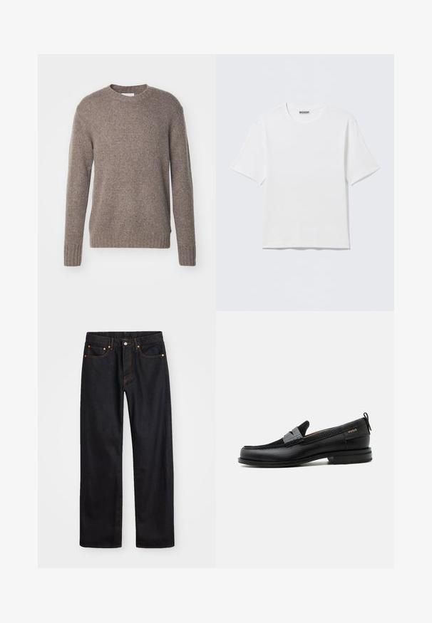 Brun, strikket sweater med rund hals, lange ærmer og ribbede manchetter og kant, som har en blød, tekstureret overflade.; Hvid, kortærmet t-shirt med rund hals og et lille "WEEKDAY"-mærke på indersiden af bagkraven, vist på en flad overflade.; Mænds lige ben sorte denim jeans med fem lommer og orange syninger, knap- og lynlåslukning foran på taljen.; Sort læderloafer med grå remdetalje, lav hæl og tekstureret sål, mærket med "HUGO" i guld på siden.