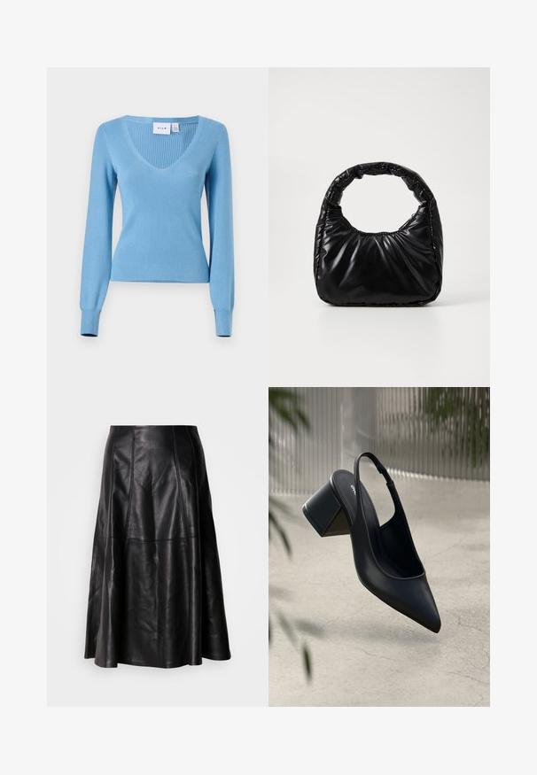 Heledsinine ribakudumistest sviiter V-kaelusega, pikkade varrukatega ja vormitud siluett. Omab peent tekstuuri ja mansetitud detaile. Brändi silt on nähtav.; Mustrist mustriga mustriga, millel on nähtavad õmblused ja sile tekstuur. Keskmise pikkusega klassikalise lõikega.; Must musta slingback-kreen, millel on terav nina ja plokknina. Sile tekstuur, minimaalne disain ja reguleeritav pahkluu rihm.; Must mustaga, millel on ümar käepide, särav ja sile pind ning pehme quiltitud tekstuur. Nähtavaid metallosi ega aktsente ei ole.