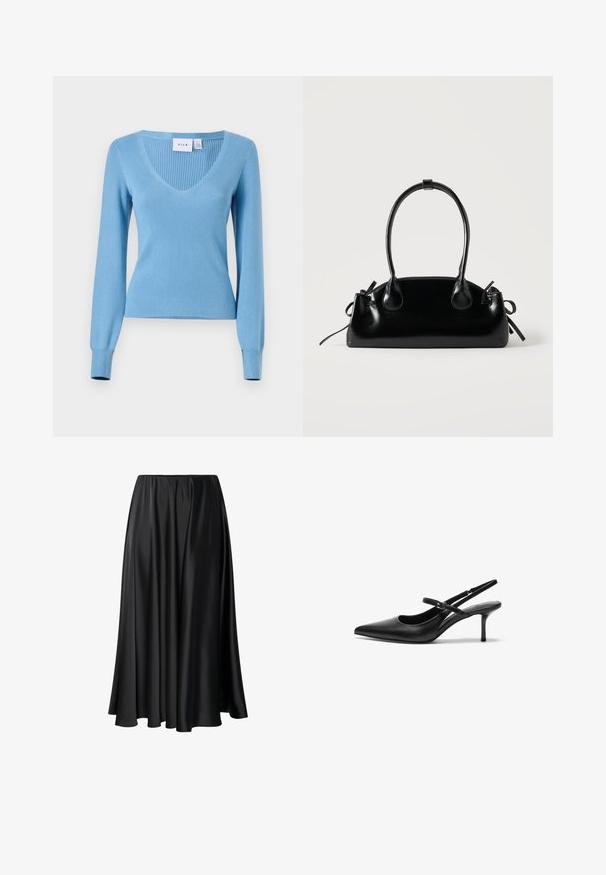 Pull en maille côtelée bleu clair avec un col en V, des manches longues et une silhouette ajustée. Présente une texture subtile et des détails aux poignets. Étiquette de marque visible.; Jupe maxi noire en tissu lisse, dotée d'une taille élastique, d'une silhouette ample et d'un ourlet fluide sans motifs ni détails visibles.; Talons aiguilles noires en cuir avec un bout pointu, une fine bride réglable, et un talon aiguille d'environ 5 cm, texture lisse.; Petit sac à main noir brillant avec deux longues anses et des détails à cordon sur les côtés sur un fond clair uni.
