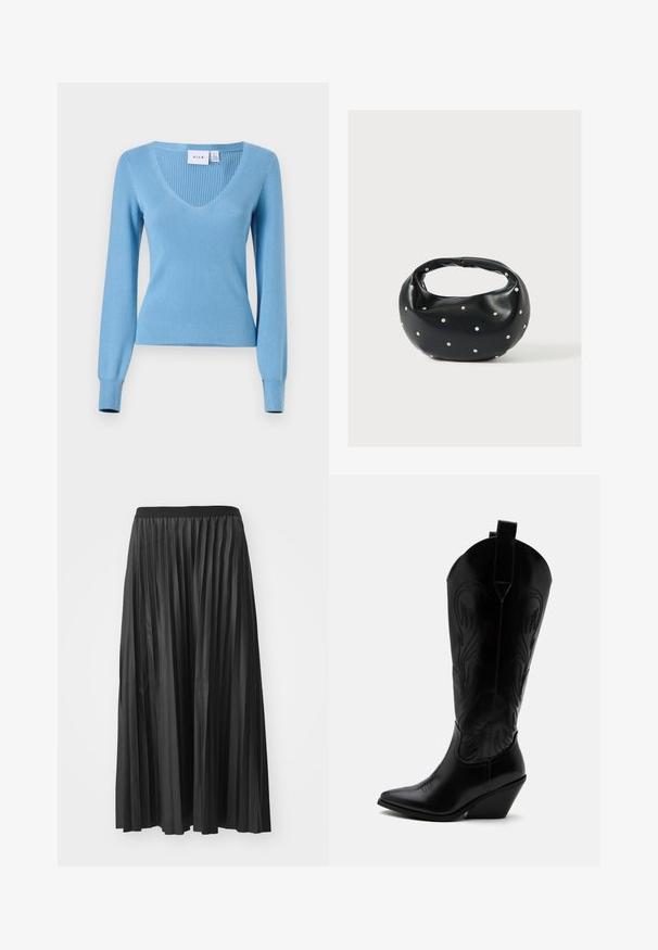 Pull en maille côtelée bleu clair avec un col en V, des manches longues et une silhouette ajustée. Présente une texture subtile et des détails aux poignets. Étiquette de marque visible.; Jupe maxi plissée noire avec une texture lisse et une taille élastique, dotée de plis verticaux qui créent du volume et du mouvement.; Botte de cowboy en cuir noir avec bout pointu, talon bloc incliné, couture décorative et languettes en haut sur fond blanc.; Sac à main en cuir noir de forme arrondie, décoré de clous argentés et équipé d'une poignée courte. Texture lisse et fermeture éclair.
