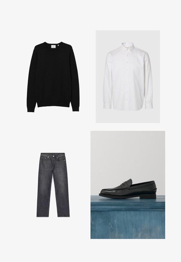 Sort crew-neck sweater lavet af et glat strikket stof. Har lange ærmer samt ribbede manchetter og kant. Simpelt, ensfarvet design uden mønstre.; Hvid langærmet skjorte lavet af bomuld, med klassisk krave, knapper foran og knapper ved manchetterne. Glat tekstur uden synlige mønstre.; Mørkegrå denimjeans med lige ben, fem lommer, øverste knap og subtil udtoning på lårene. Ren design, uden pynt.; Sorte læderloafers med et slankt design, der har syning ved tåen og en glat finish. Skoen har en lav hæl og minimal udsmykning.