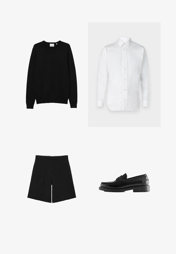 Sort crew-neck sweater lavet af et glat strikket stof. Har lange ærmer samt ribbede manchetter og kant. Simpelt, ensfarvet design uden mønstre.; Hvid skjorte med lange ærmer, lavet af glat bomuldsstof, med en klassisk krave og subtil glans. Fem knapper foran.; Sorte skræddersyede shorts med bæltestropper, forreste læg og sidelommer, lagt fladt på en hvid baggrund.; Sort læderloafer med tyk gummisål og mokkasyningsstikning, sideblik på hvid baggrund.