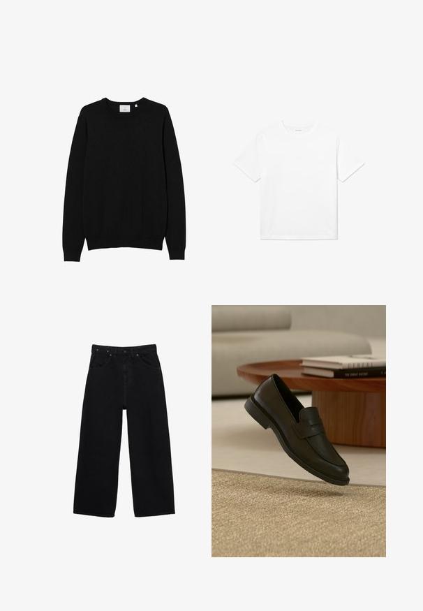 Sort crew-neck sweater lavet af et glat strikket stof. Har lange ærmer samt ribbede manchetter og kant. Simpelt, ensfarvet design uden mønstre.; Hvid bomulds T-shirt med korte ærmer, rund halsudskæring og lige kant. Glat tekstur uden synlige mønstre eller accenter.; Sorte vidde-ben denimjeans med knaplukning foran, lynlås, bæltestropper og klassisk styling med fem lommer.; Sort læderloafer vist i luften over en beige vævet tæppe, med et træbord og stablede bøger i et blødt oplyst stue.