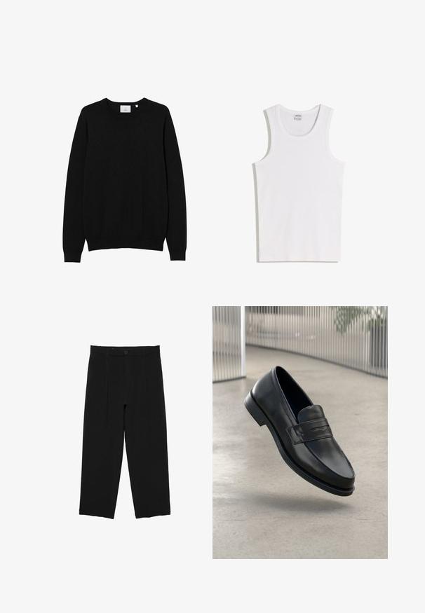 Sort crew-neck sweater lavet af et glat strikket stof. Har lange ærmer samt ribbede manchetter og kant. Simpelt, ensfarvet design uden mønstre.; Hvid bomulds tanktop med rund halsudskæring og brede skulderstropper. Glat tekstur, uden mønstre eller detaljer, enkelt design.; Sorte bukser med vide ben, bæltestropper, frontknap og plisseret design, vist mod en hvid baggrund.; Sort lædersko med glat tekstur, spids tå og en dekorativ rem over vristen. Letvægts sål, minimalistisk design.