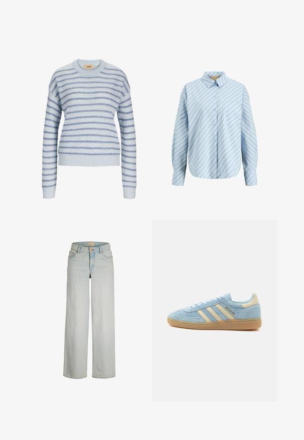Lys blå strikket sweater med vandrette striber i en mørkere blå. Har en rund halsudskæring og ribstrikkede manchetter og kant. Blød tekstur.; Lyseblå skjorte med knapper og diagonale mørkeblå striber, lange ærmer, en enkelt brystlomme og en spids krave.; Lyseblå højtailede jeans med vide ben, frontlukning med knapper og lynlås, bæltestropper og fem-lomme design.; Lyseblå ruskind Adidas sneaker med beige striber og hælkappe, gummisål og "SPEZIAL" branding på siden.