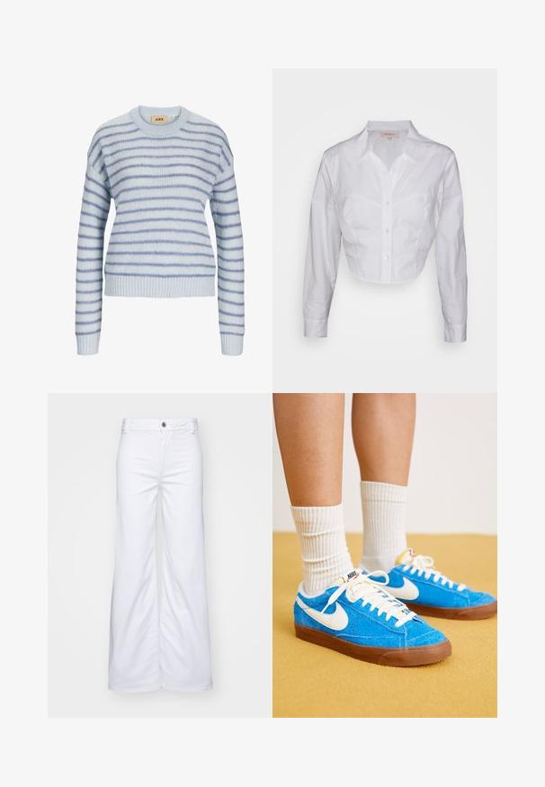 Lys blå strikket sweater med vandrette striber i en mørkere blå. Har en rund halsudskæring og ribstrikkede manchetter og kant. Blød tekstur.; ONLY ONLAMIRA CROPPED - Skjortebluser - bright white; Hvide bredde benbukser lavet af denim, med knaplukning og bæltestropper. Glat tekstur med ren syning og uden mønstre.; Blå ruskind Nike sneakers med hvide detaljer, flade snørebånd og brune gummisåler, parret med ribbede hvide sokker.