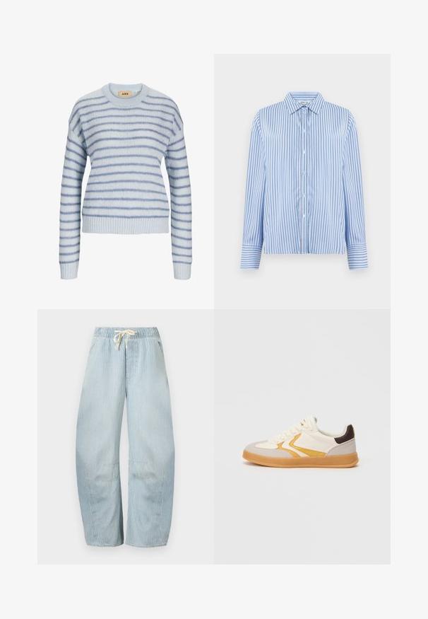 Lys blå strikket sweater med vandrette striber i en mørkere blå. Har en rund halsudskæring og ribstrikkede manchetter og kant. Blød tekstur.; Button-up skjorte i lyseblå og hvide lodrette striber. Har krave og lange ærmer med knapmanchetter. Glat tekstur.; Lyseblå og hvide, bredbenede bukser med lodrette striber, elastik i taljen og hvid snøre.; Hvid og beige lav-snak sneaker med gule accenter, brun hælpatch, gummisål og "Scotch & Soda" mærkning på siden.