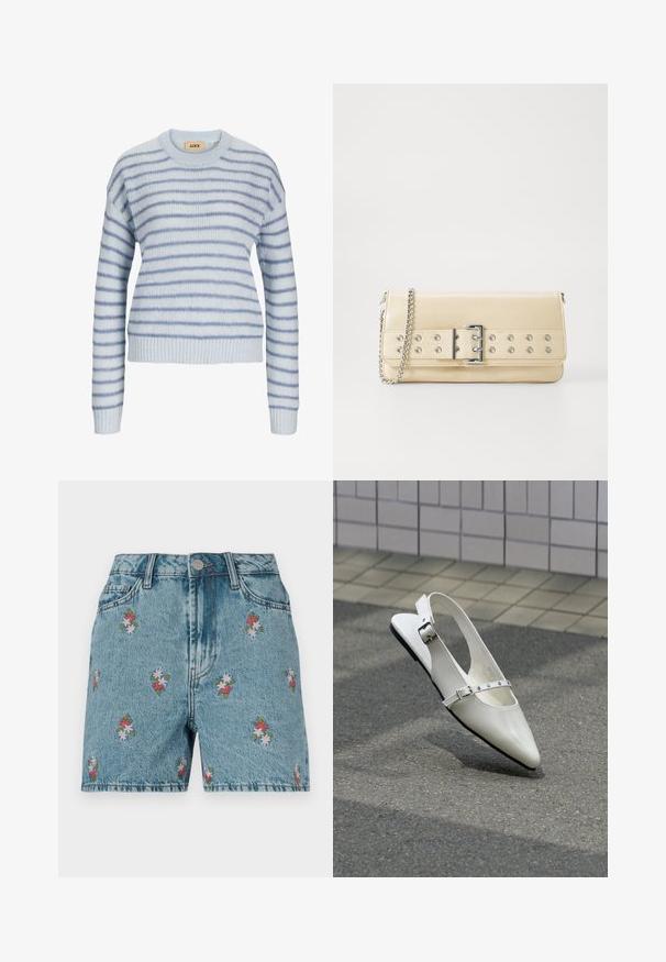Lys blå strikket sweater med vandrette striber i en mørkere blå. Har en rund halsudskæring og ribstrikkede manchetter og kant. Blød tekstur.; Lysblå denimshorts med en vasket finish. Har farverig blomsterbroderi over hele, to frontlommer og knaplukning.; Hvid spids slingback flad sko med to sølvspænder, vist udendørs på tekstureret underlag og flisebelagt væg baggrund.; Beige clutch tas med bredt bælte med sølvøjer og spænde, samt en sølvkædestrop på en hvid baggrund.
