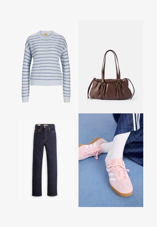 Lichtblauwe gebreide trui met horizontale strepen in donkerder blauw. Met een ronde halslijn en geribde manchetten en zoom. Zachte textuur.; Donkerblauwe straight-leg denim jeans met vijf zakken en zichtbare oranje stiksels op een witte achtergrond.; Lichtroze suède sneakers met witte strepen en veters, voorzien van een gestructureerde tong en een gumzool, geplaatst op een blauwe tapijt.; Bruine leren handtas met twee lange handvatten,Gathered ontwerp, gouden hardware accenten en een gestructureerde afwerking.