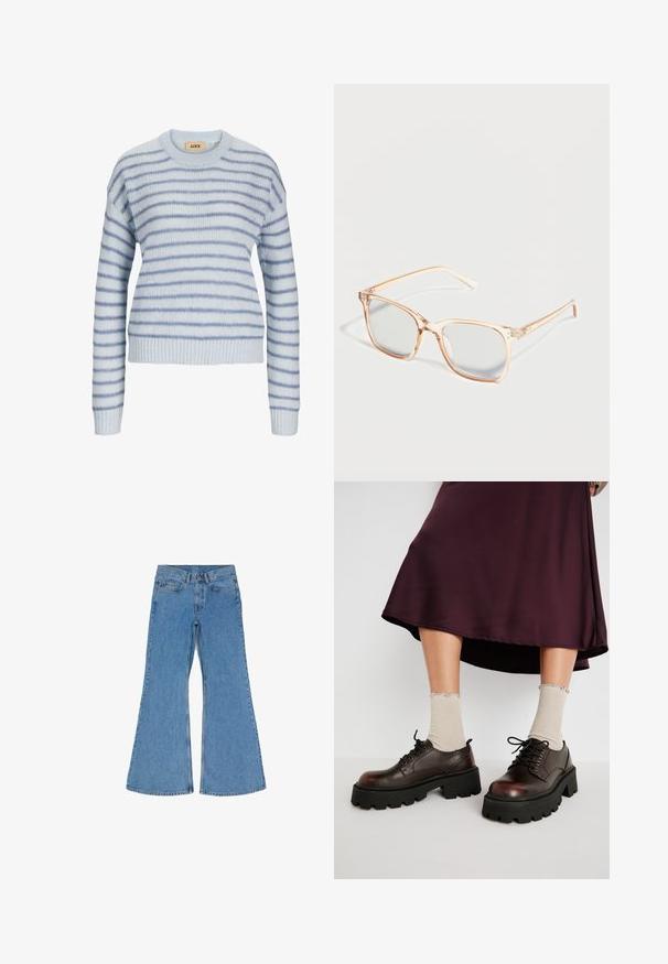 Lys blå strikket sweater med vandrette striber i en mørkere blå. Har en rund halsudskæring og ribstrikkede manchetter og kant. Blød tekstur.; Blå højtaljede denim jeans med brede flagrende ben, frontknap og lynlås samt fem-lomme design, lagt fladt på hvid baggrund.; Brune læder platform sko med tykke sorte såler, parret med ribbet beige strømper med bølgede kanter, mod en afdæmpet baggrund.; Gennemsigtige beige rektangulære briller med klare linser placeret på en hvid overflade.