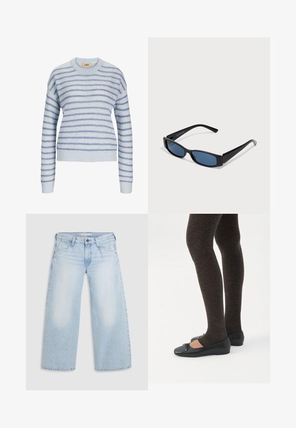 Lys blå strikket sweater med vandrette striber i en mørkere blå. Har en rund halsudskæring og ribstrikkede manchetter og kant. Blød tekstur.; Lyseblå vid nederdel jeans lavet af denim. Har lige snit, fem lommers design og knaplukning i taljen.; Ben iført mørke ribbede leggings kombineret med sorte balletsko med små sløjfedetaljer på hvid baggrund.; Sorte solbriller med en slank rektangulær ramme og blå linser. Har en glat overflade og robuste stænger. Mærkets logo på siden.