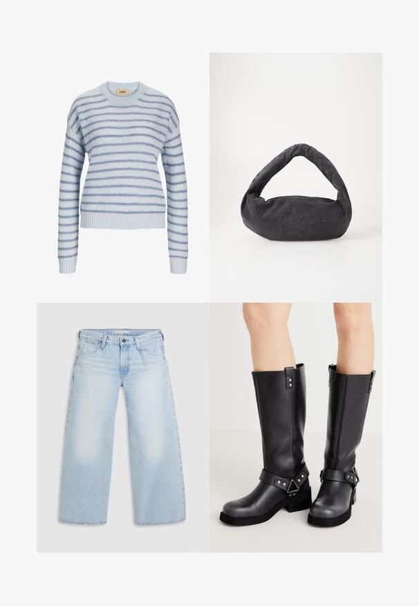Lys blå strikket sweater med vandrette striber i en mørkere blå. Har en rund halsudskæring og ribstrikkede manchetter og kant. Blød tekstur.; Lyseblå vid nederdel jeans lavet af denim. Har lige snit, fem lommers design og knaplukning i taljen.; Sorte læder støvler i knæhøjde med bred skaft, remdetaljer, sølv hardware og flad sål. Glat tekstur med en let glans.; Mørkegrå stofpose med et buet håndtag, blød tekstur og rund form. Ingen synligt hardware eller pynt.