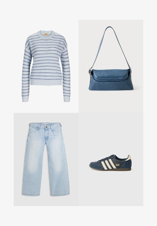 Suéter de punto azul claro con rayas horizontales en azul más oscuro. Presenta un escote redondo y puños y dobladillo acanalados. Textura suave.; Jeans de pierna ancha en un suave tono azul, confeccionados en denim. Presentan corte recto, diseño de cinco bolsillos y un cierre de botón en la cintura.; Zapatillas de ante azul marino con rayas crema, zona de punta texturizada, logo dorado "adidas JAPAN" y suela de goma marrón. Diseño clásico de corte bajo.; Bolso bandolera de cuero azul con una correa larga y cierre de solapa, mostrado sobre un fondo liso y claro.