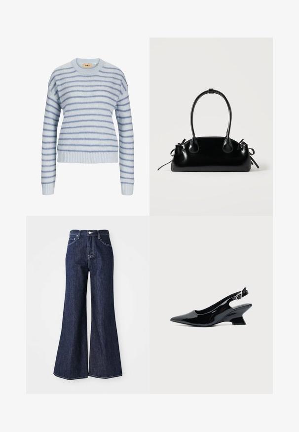 Lys blå strikket sweater med vandrette striber i en mørkere blå. Har en rund halsudskæring og ribstrikkede manchetter og kant. Blød tekstur.; Mørke denim flared jeans med høj talje, der har knap- og lynlåslukning. Hvide syninger og brede ben skaber en struktureret silhuet.; Sort laklæder slingback sko med spids tå og lav vinklet blokhæl på ensartet lys baggrund.; Lille sort blank håndtaske med to lange håndtag og snøre-detaljer i siden på en ensfarvet lys baggrund.