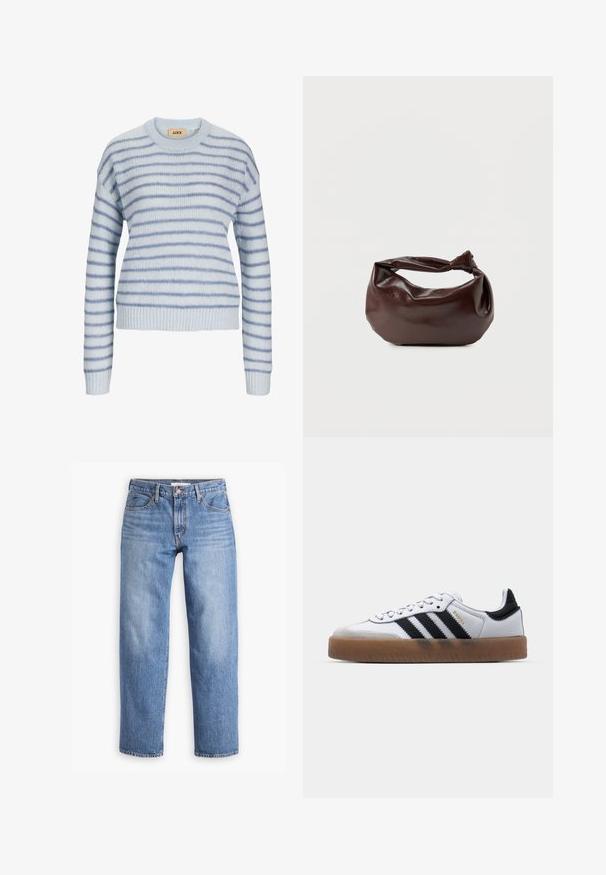 Lys blå strikket sweater med vandrette striber i en mørkere blå. Har en rund halsudskæring og ribstrikkede manchetter og kant. Blød tekstur.; Lyseblå denimjeans med lige pasform, fem lommer og lynlåsgylf. Stoffet har en klassisk tekstureret overflade med let falming.; Hvide lædersneakers med sorte striber, gummirubber sål, rund tå, snørelukning og blød grå ruskinds tåhætte.; Mørkebrun læder skuldertaske med en blød, afslappet form og et snoet knudehåndtag på en ensartet hvid baggrund.