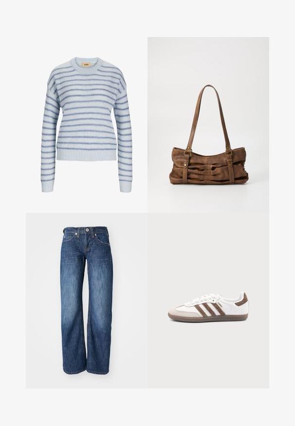 Lys blå strikket sweater med vandrette striber i en mørkere blå. Har en rund halsudskæring og ribstrikkede manchetter og kant. Blød tekstur.; Mørkeblå denim jeans med lige ben-design, der har fem lommer og en knaplukning foran. Diskret falmning langs lårene.; Hvid Adidas Samba sneaker med brune ruskindstriber, brun gummisål og beige ruskindståhætte, vist fra ydersiden på en ensfarvet baggrund.; Even&Odd by Zalando Håndtasker - brown