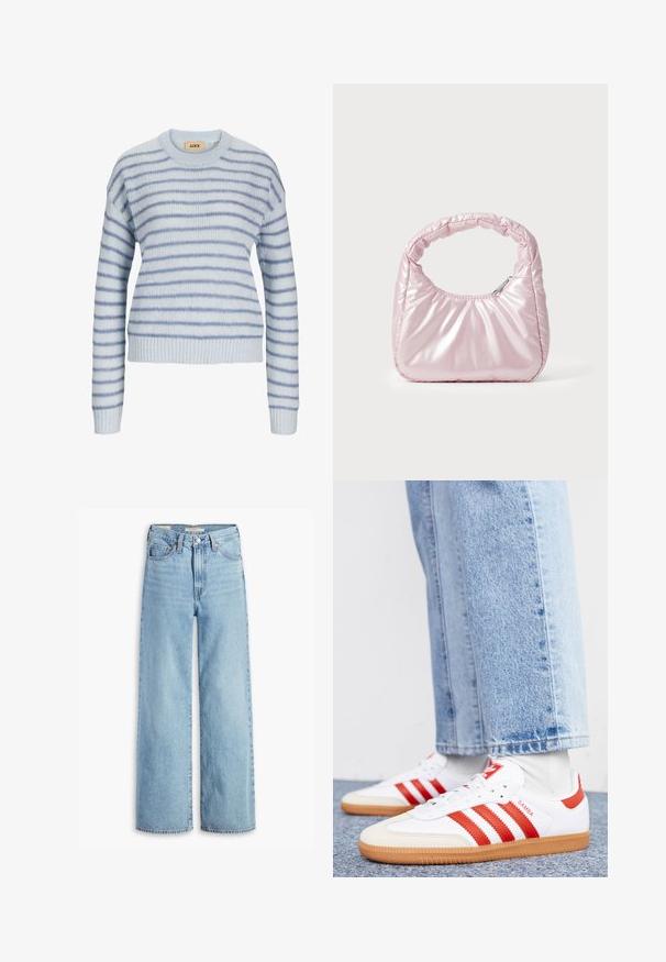 Lys blå strikket sweater med vandrette striber i en mørkere blå. Har en rund halsudskæring og ribstrikkede manchetter og kant. Blød tekstur.; Højtaljede, lyseblå, vide bukser med knap og lynlås fortil, bæltestropper og fem lomme-stil.; Hvide lædersneakers med røde striber og accenter. Har en tekstureret gummisål og polstret krave. Bæres med lyseblå denim.; Rosa, polstret håndtaske med afrundet design, lavet af skinnende materiale. Har et samlet håndtag og en lynlås til sikker adgang.