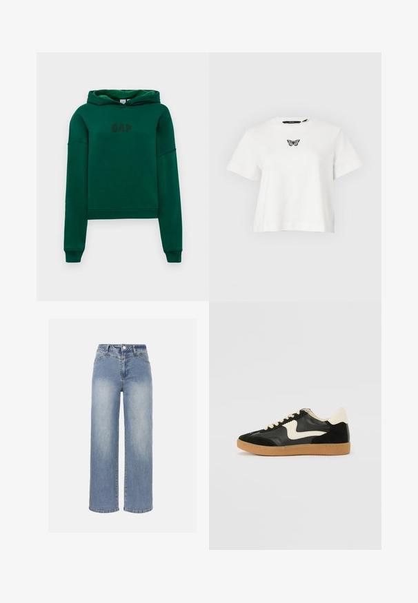 Grüne Kapuzenjacke mit Kängurutasche, gerippten Bündchen und Saum. Auf der Vorderseite befindet sich das "GAP"-Logo in Dunkelbraun. Weicher Stoff.; Weißes kurzärmeliges, bauchfreies T-Shirt mit einem kleinen schwarz-grauen Schmetterling in der Mitte der Brust bestickt.; Hellblaue, hochgeschnittene Jeans mit weitem Bein, ausgewaschenem Effekt, vorderer Knopfleiste, Reißverschluss und klassischem Fünf-Taschen-Design.; Schwarze Wildleder- und Leder-Sneaker mit einem cremefarbenen Seiten-Swoosh und einer hellcremefarbenen Ferse. Ausgestattet mit beige Schnürsenkeln und einer Gummilaufsohle.