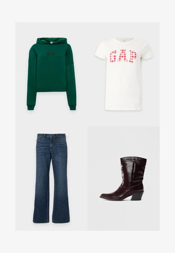 Grüne Kapuzenjacke mit Kängurutasche, gerippten Bündchen und Saum. Auf der Vorderseite befindet sich das "GAP"-Logo in Dunkelbraun. Weicher Stoff.; Weißes Kurzarm-T-Shirt mit rot-weiß karierter Musterung, die GAP über der Brust buchstabiert.; Dunkelblaue Jeans mit weitem Bein und klassischem Fünf-Taschen-Design, mit Knopfverschluss und dezentem Used-Look. Hergestellt aus Denimstoff.; Bordeauxfarbene Leder-Stiefeletten mit spitzem Schnitt, strukturierten Oberflächen und einem schmalen, niedrigen Absatz. Verfügen über dezente Nähte und einen engen Sitz.