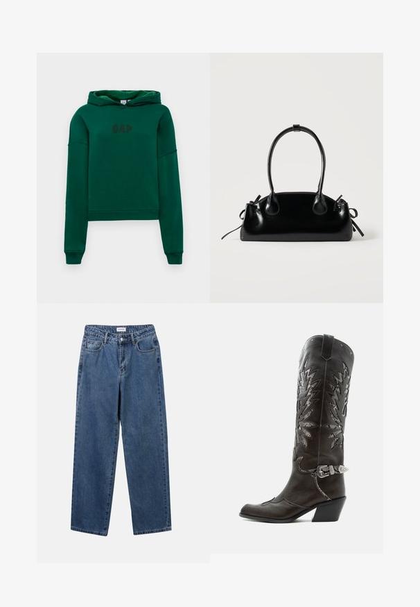 Grüne Kapuzenjacke mit Kängurutasche, gerippten Bündchen und Saum. Auf der Vorderseite befindet sich das "GAP"-Logo in Dunkelbraun. Weicher Stoff.; Klassische blaue Denim-Jeans mit geradem Bein, fünf Taschen und Knopfverschluss. Sie verfügen über eine mittelblau gewaschene Optik und sind aus robuster Textur.; Schwarzer Leder-Cowboystiefel mit dekorativen Ausschnitten, silberner Schnalle und schräger Ferse, auf weißem Hintergrund dargestellt.; Kleine schwarze glänzende Handtasche mit zwei langen Griffen und seitlichen Kordelzug-Details vor einfachem hellem Hintergrund.
