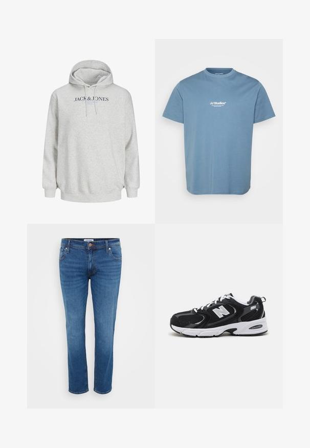 Lys grå hættetrøje med snore og "JACK & JONES" trykt hen over brystet i mørkeblå og lyseblå tekst.; Lyseblå T-shirt med korte ærmer med hvid tekstlogo "JJ Studios" centreret på brystet, rund halsudskæring og enkelt bomuldstof.; Denim jeans i en mellemblå farve, med et lige ben-design, fem lommer og en knaplukning ved taljen.; Sorte og grå sportssko med mesh og ruskind på overdelen, der har en hvid mellemsål, snørebånd og et iøjnefaldende "N" logo på siden.