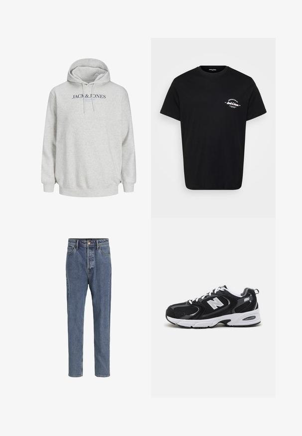 Lys grå hættetrøje med snore og "JACK & JONES" trykt hen over brystet i mørkeblå og lyseblå tekst.; Sort bomulds-T-shirt med rund hals, korte ærmer og et hvidt trykt logo på venstre bryst. Klassisk pasform og glat tekstur.; Lyseblå denimjeans med fem lommer, lige ben, knaplukning og bæltestropper, vist mod en ensfarvet baggrund.; Sorte og grå sportssko med mesh og ruskind på overdelen, der har en hvid mellemsål, snørebånd og et iøjnefaldende "N" logo på siden.