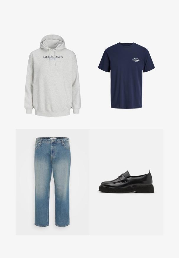 Lys grå hættetrøje med snore og "JACK & JONES" trykt hen over brystet i mørkeblå og lyseblå tekst.; Mørkeblå t-shirt med korte ærmer og rund hals med lille hvid tekst "Definition of Jack & Jones" på venstre bryst.; Blå straight-leg jeans i denim med falmet front, fem-lomme design, knap- og lynlås lukning samt bæltestropper.; Sorte læder loafersko i stil med flad, tekstureret sål, med en syet tå og en rem over vristen.
