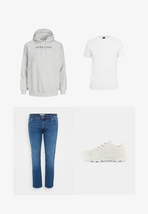 Lys grå hættetrøje med snore og "JACK & JONES" trykt hen over brystet i mørkeblå og lyseblå tekst.; Hvid kortærmet t-shirt, lavet af bomuld, med en klassisk rund hals og en glat tekstur, designet til afslappet brug.; Denim jeans i en mellemblå farve, med et lige ben-design, fem lommer og en knaplukning ved taljen.; Hvide atletiske sko med overdel i mesh, struktureret sål og distinkte paneler. Har metalliske snørebånd og en polstret krave for komfort.