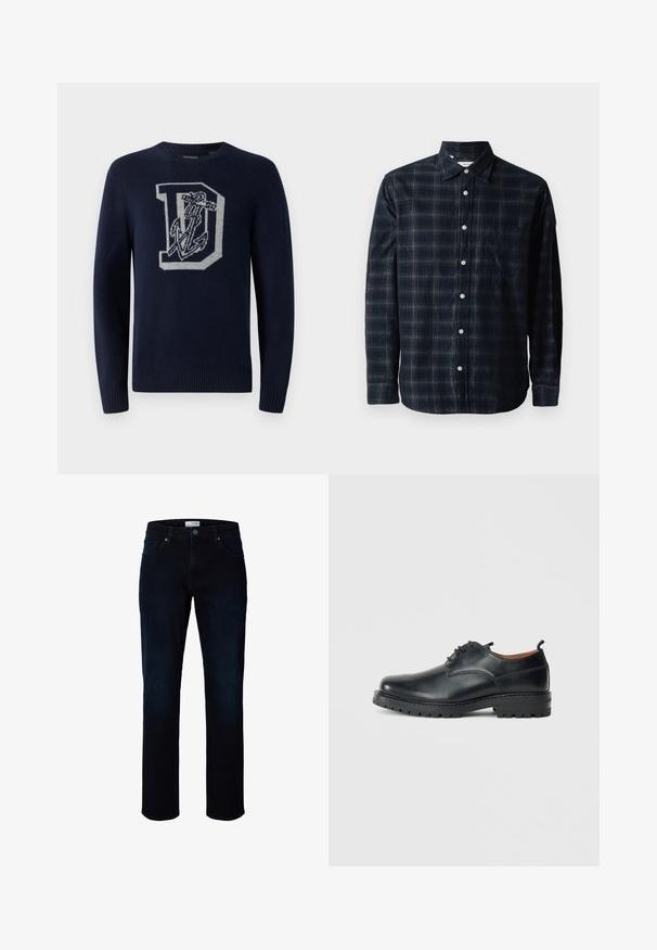 Mørkeblå strikket sweater med rund hals, prydet med et stort gråt 'D' samt anker mønster på fronten, og ribbede manchetter og kant.; Mørkeblå langærmet skjorte i ternet mønster med krave der kan knaples, forkert lomme og hvide knapper på en tekstureret stof.; Mørkeblå jeans med lige ben, forlommer, bæltestropper og knaplukning i taljen.; Sorte læder derby-sko med en glat overflade, rund tå, snøre-design og en tyk, robust gummisål.