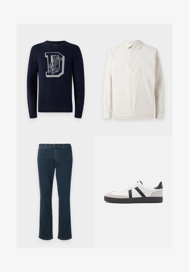 Pull en maille bleu marine avec un col rond, affichant un grand 'D' gris et un motif d'ancre sur le devant, avec des poignets et un ourlet côtelés.; Samsøe Samsøe SADAMON - Chemise - off white; Jean bleu foncé évasé en denim, avec une taille à fermeture par bouton, quatre poches et une finition texturée.; Baskets blanches avec des accents noirs et gris, présentant un embout texturé gris, une semelle en caoutchouc noir et des lacets plats blancs. Design épuré, style minimaliste.