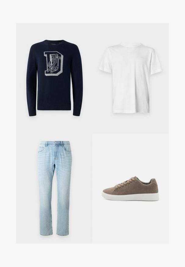 Pull en maille bleu marine avec un col rond, affichant un grand 'D' gris et un motif d'ancre sur le devant, avec des poignets et un ourlet côtelés.; T-shirt blanc à manches courtes en coton doux, avec un col rond et un détail logo en relief discret sur la poitrine gauche.; Jean en denim bleu clair avec une coupe droite, comportant cinq poches, un léger délavage et un bouton en métal à la taille.; Baskets en daim marron avec des semelles en caoutchouc blanc plat, design lacé, bout rond et texture lisse. Style minimaliste avec des détails de couture subtils.