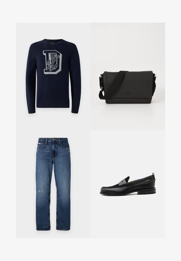 Mørkeblå strikket sweater med rund hals, prydet med et stort gråt 'D' samt anker mønster på fronten, og ribbede manchetter og kant.; Blå denim jeans med lige ben design. Har slidte områder og let slitage på forsiden, med en klassisk knaplukning.; Sort læderloafer med grå remdetalje, lav hæl og tekstureret sål, mærket med "HUGO" i guld på siden.; Lacoste MESSENGER BAG MEN CLASSIC - Skuldertasker - noir
