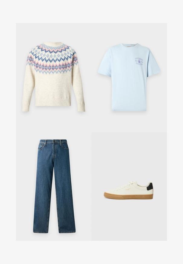 Pull crème à col rond et manches longues, avec un motif coloré composé de dessins géométriques bleus, roses et blancs. Poignets et ourlet côtelés.; T-shirt bleu clair à manches courtes avec un petit graphique violet "ONLY & SONS NOODLES" et un bol de nouilles sur la poitrine.; Jean en denim bleu foncé avec une coupe décontractée, jambes droites, cinq poches et coutures contrastées. Comprend une fermeture à boutons et à zip sur le devant.; Sneaker en toile blanche avec une semelle en gomme, accent au talon noir, bout rond et design à lacets. Présente le logo de la marque en doré sur le côté.
