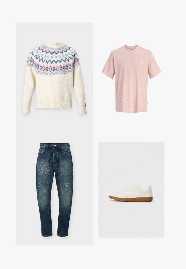 Pull crème à col rond et manches longues, avec un motif coloré composé de dessins géométriques bleus, roses et blancs. Poignets et ourlet côtelés.; T-shirt en coton rose pâle à manches courtes avec une petite fleur blanche et le texte "SUN IS HERE" en haut à gauche de la poitrine.; Jean en denim bleu foncé avec motifs floraux et tourbillonnants délavés, style cinq poches, fermeture par bouton et coupe fuselée.; Baskets blanches avec un capuchon en daim, un dessus en synthétique lisse et une semelle en caoutchouc marron. Présente des perforations sur les côtés pour une meilleure respirabilité.