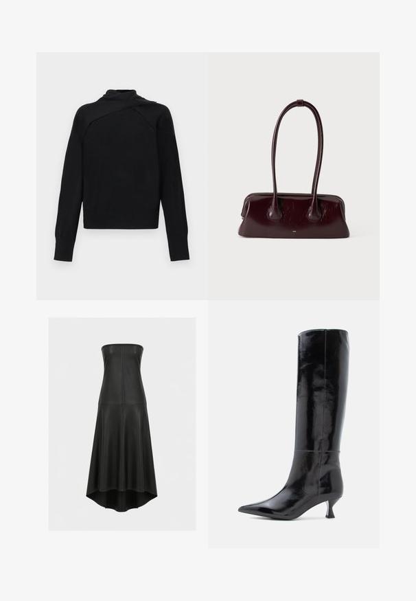 Pull noir à manches longues avec un col haut asymétrique plié et des poignets et ourlet côtelés sur fond blanc.; Robe bustier noire en simili cuir avec corsage ajusté et jupe évasée, présentant des détails de coutures et un ourlet dégradé.; Bottes en cuir noir, montantes jusqu'au genou, avec une finition brillante, un bout pointu et un petit talon carré. Texture lisse, détails de couture minimalistes.; Sac à main en cuir brun foncé brillant avec de longues anses fines et une base rectangulaire structurée sur un fond clair uni.